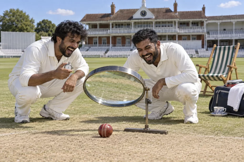 Two fictional cricket bowlers laugh beside a motionless red ball and an oversized magnifying glass, with one holding a stopwatch.