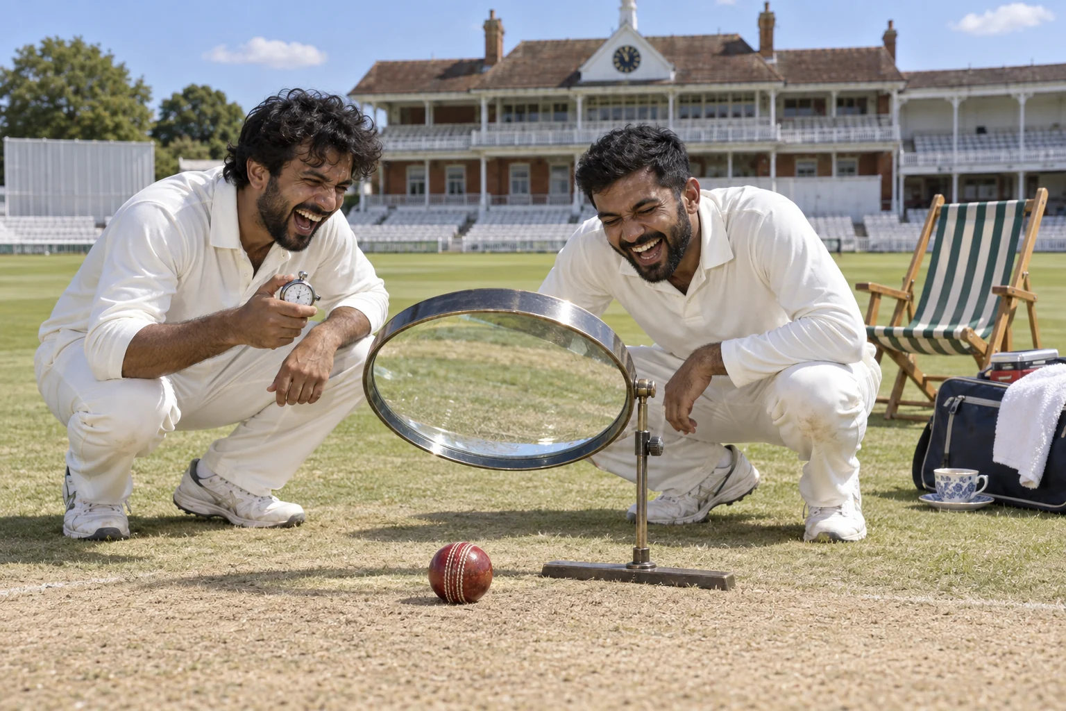 Two fictional cricket bowlers laugh beside a motionless red ball and an oversized magnifying glass, with one holding a stopwatch.