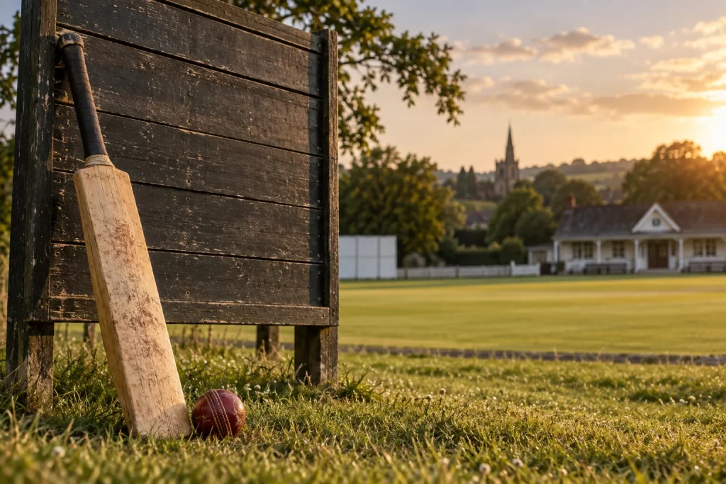 A worn cricket bat and red ball lean against a blank wooden scoreboard on a quiet cricket ground at sunset.