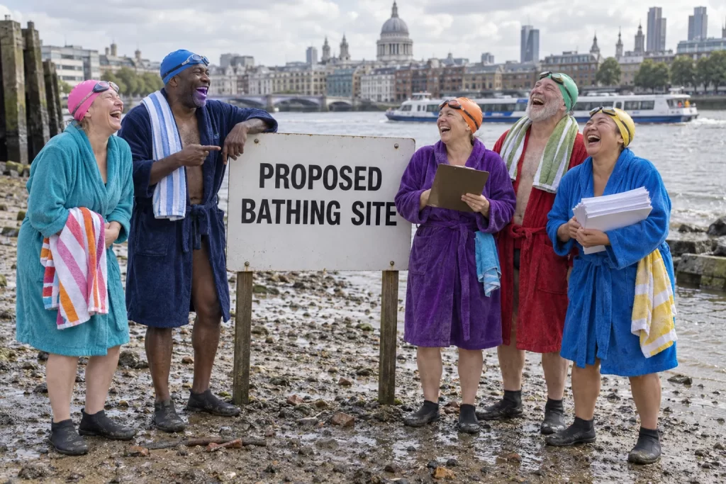 Five fictional adult swimmers visibly laughing beside a proposed bathing site sign on a Thames embankment while holding consultation forms.