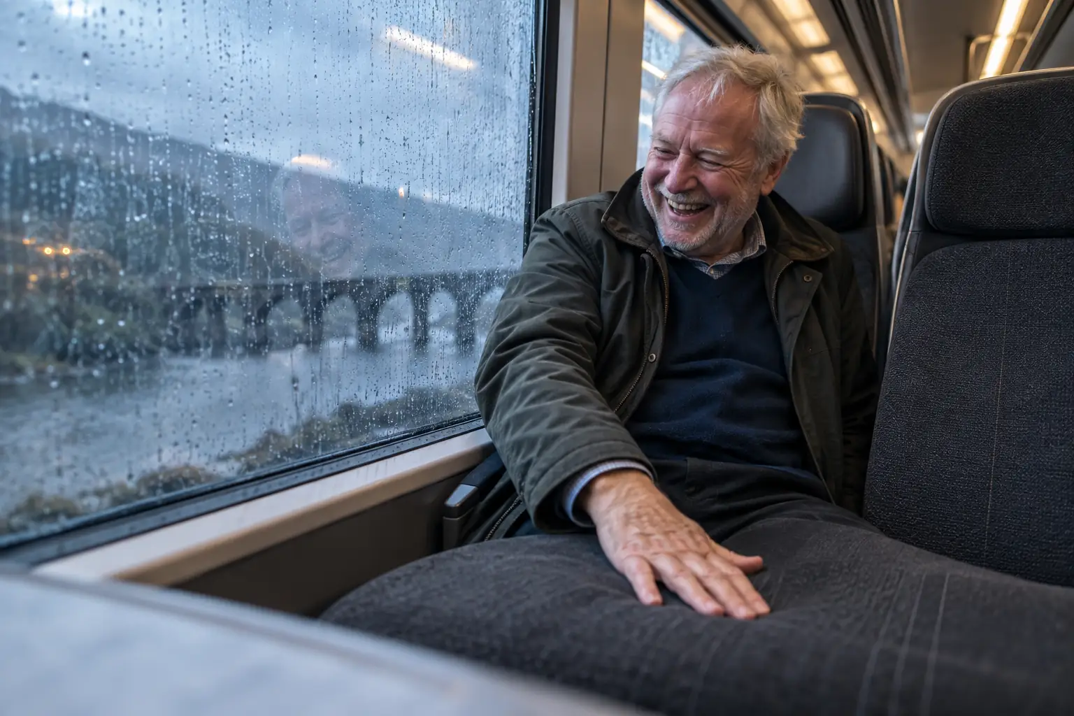 Original editorial photograph of a laughing commuter pressing a plain seat cushion inside a rainy train carriage, with no logos or text