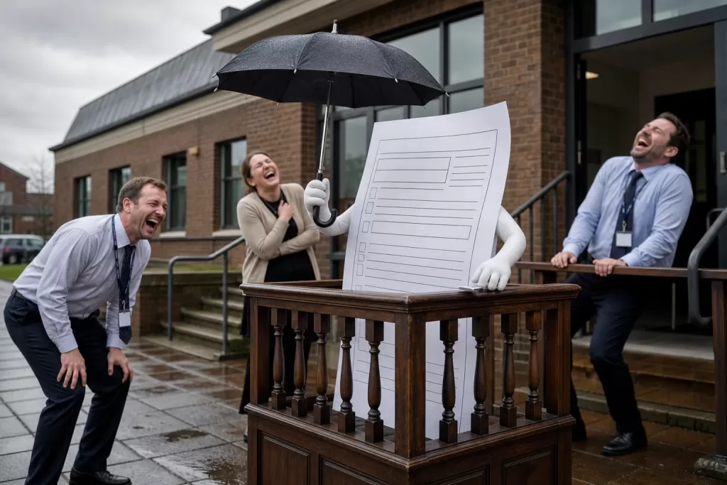 ASB questionnaire change shown as a giant blank survey seeking protection outside a British civic statistics office
