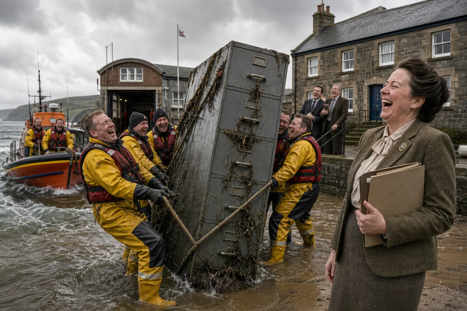 Penelope Crumb Wainscot laughing as a lifeboat crew hauls an oversized filing cabinet from the sea