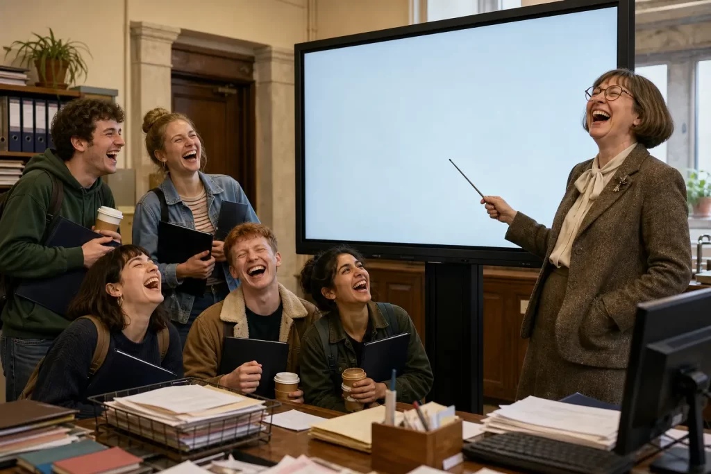 Prudence Vale and laughing students beside a large blank payment display