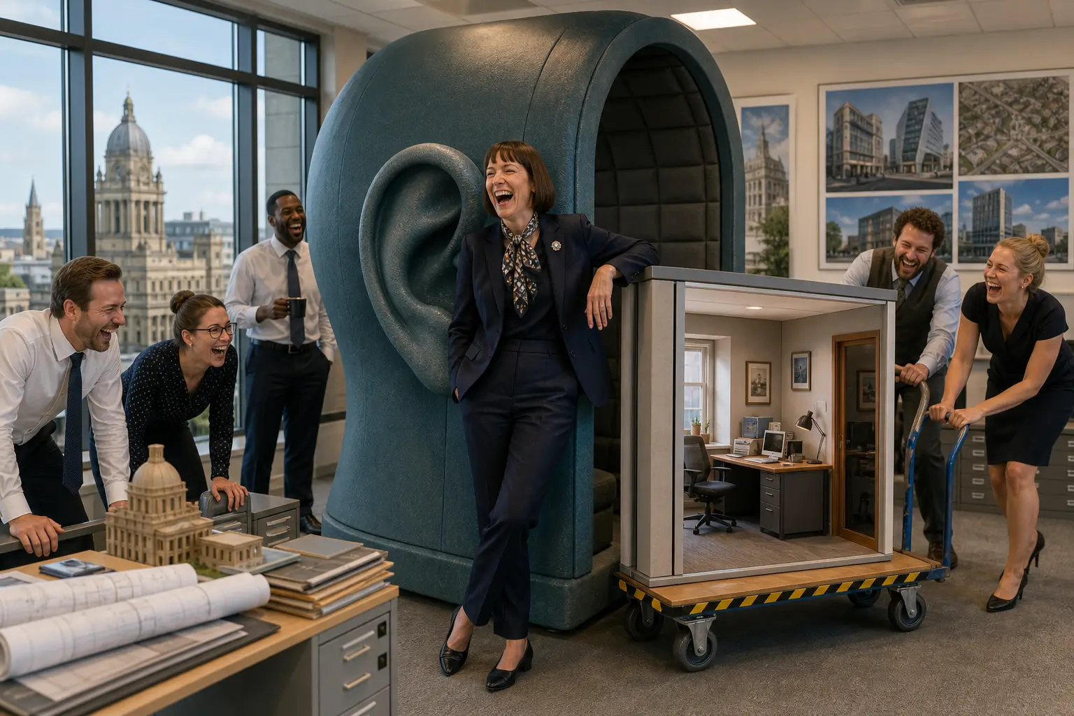 Felicity Bunce laughing beside an oversized listening booth in a Leeds office as a tiny London office is wheeled into the corner