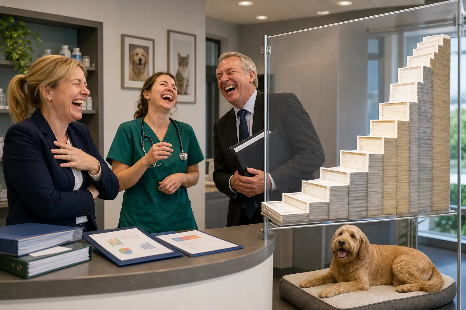 Felicity Bunce laughing beside a transparent veterinary price board as a bill rises