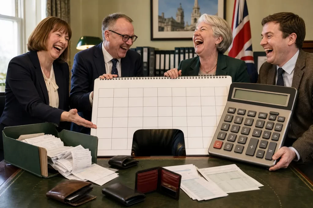 Felicity Bunce laughing beside a blank tax calendar while the average taxpayer is absent
