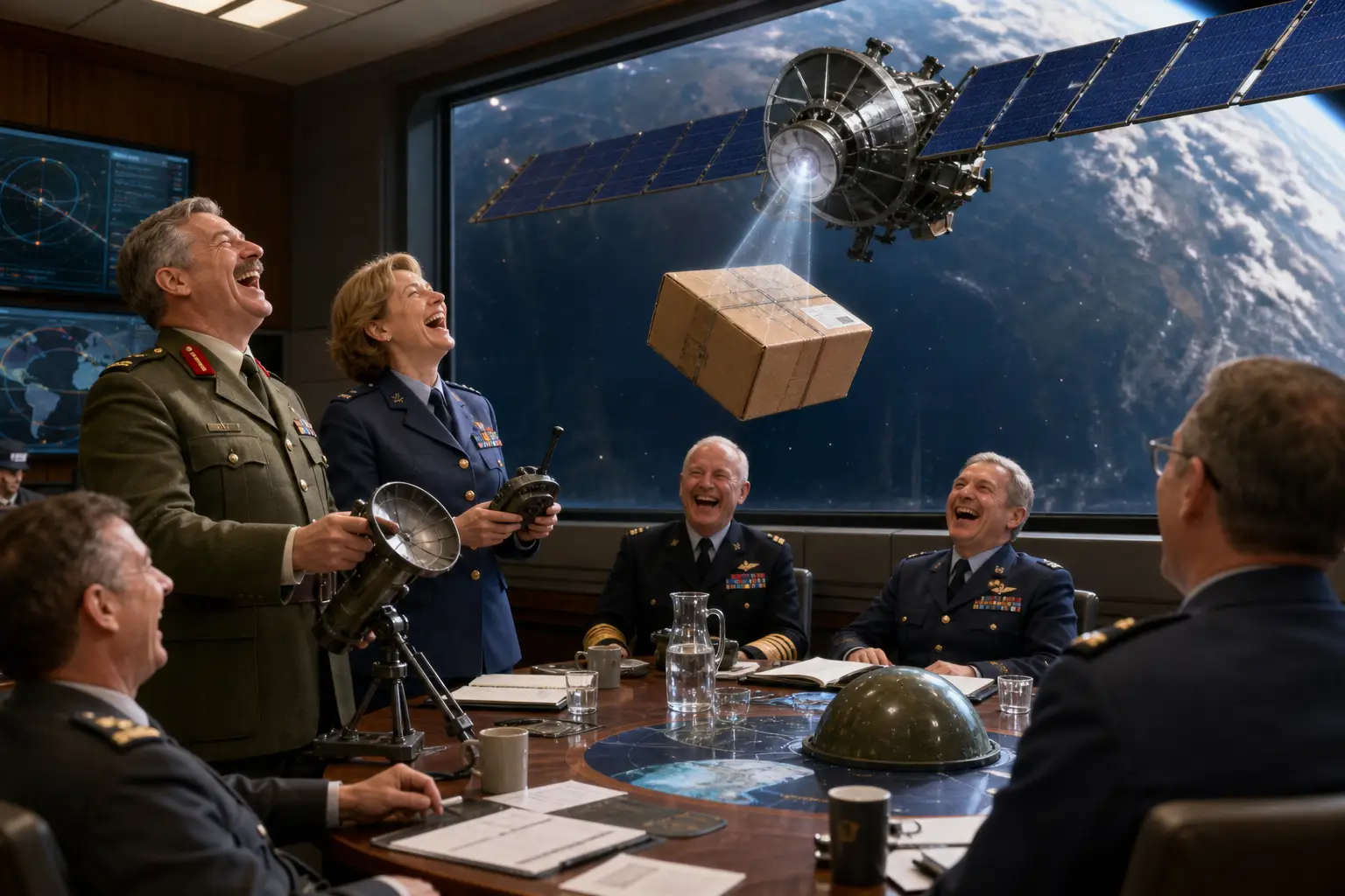 Colonel Piers Trackwell and Commodore Clare Courier laughing as a parcel orbits a defence conference table