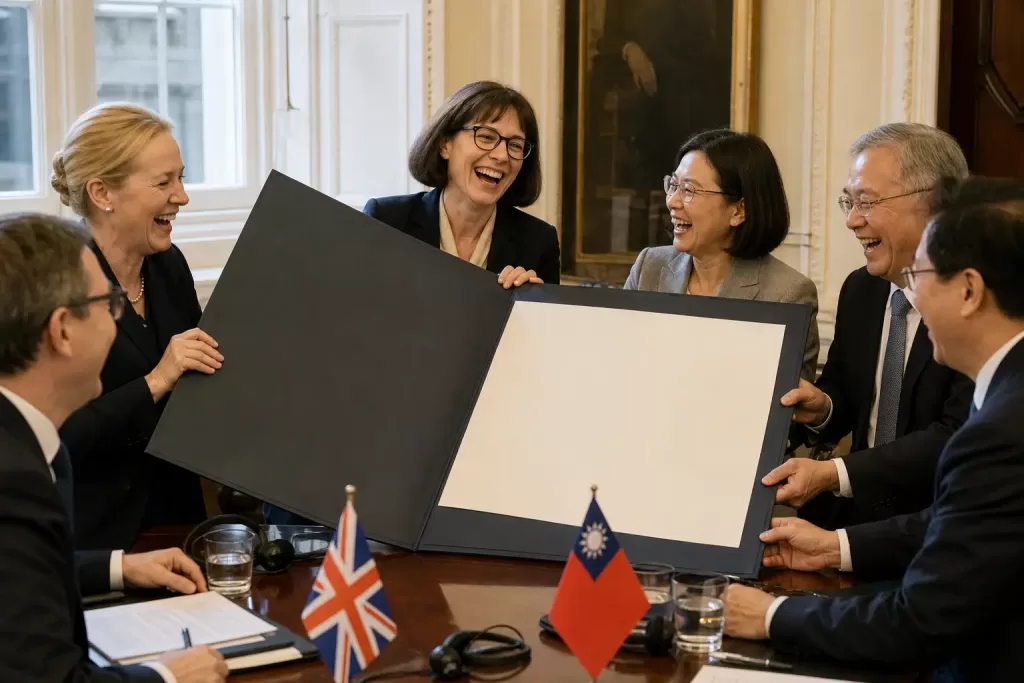 Staged satirical illustration for Britain and Taiwan Sign Historic Agreement To Keep Saying ‘Science, Innovation and Technology’ In Meetings