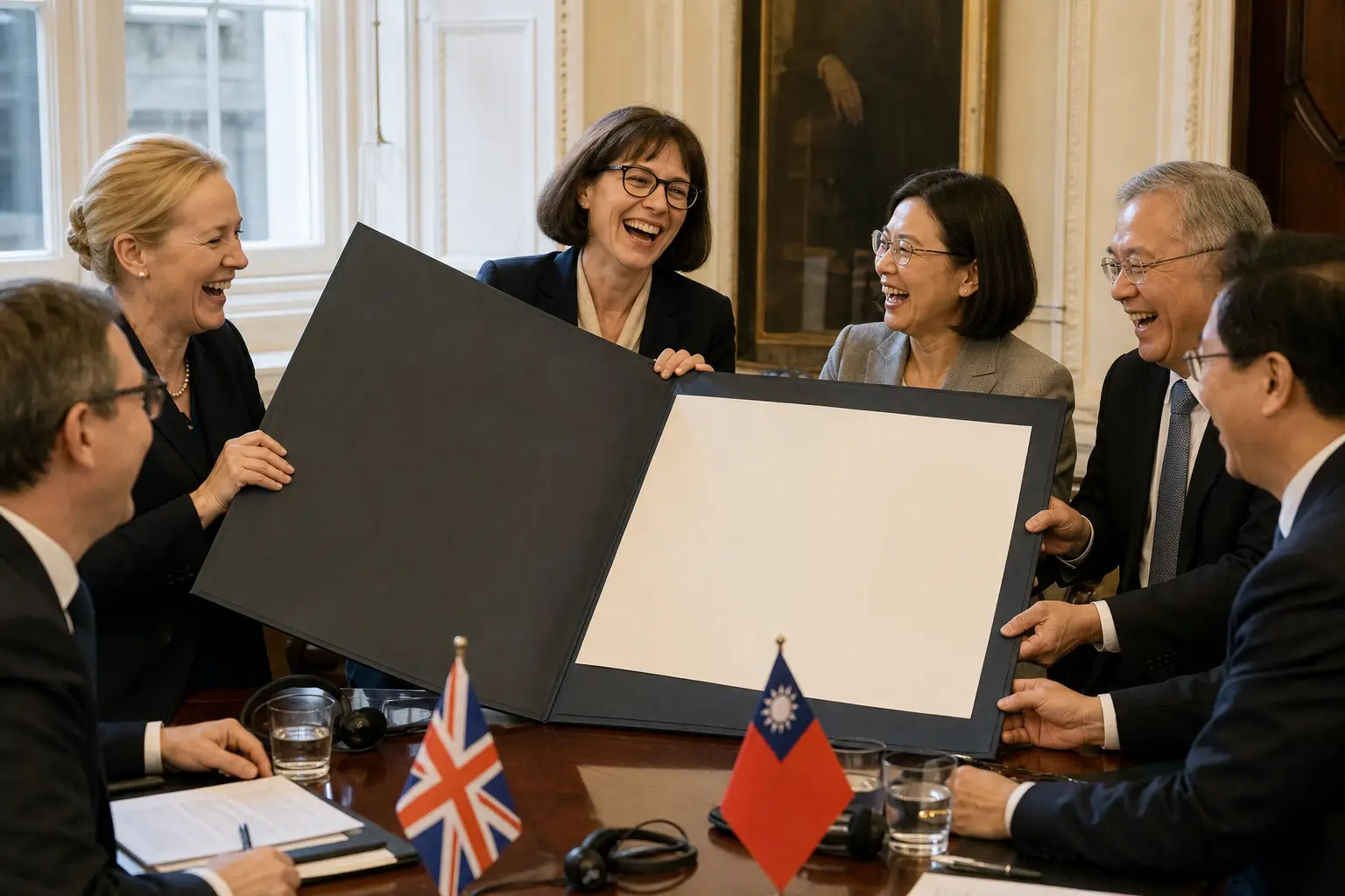 Staged satirical illustration for Britain and Taiwan Sign Historic Agreement To Keep Saying ‘Science, Innovation and Technology’ In Meetings