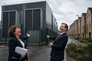 Staged satirical illustration for London discovers data centres also require somewhere to be