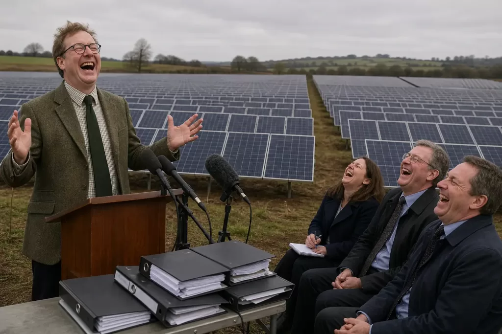 Staged satirical illustration for Solar Farm Wins Permission To Make Energy Security Look Like A Field