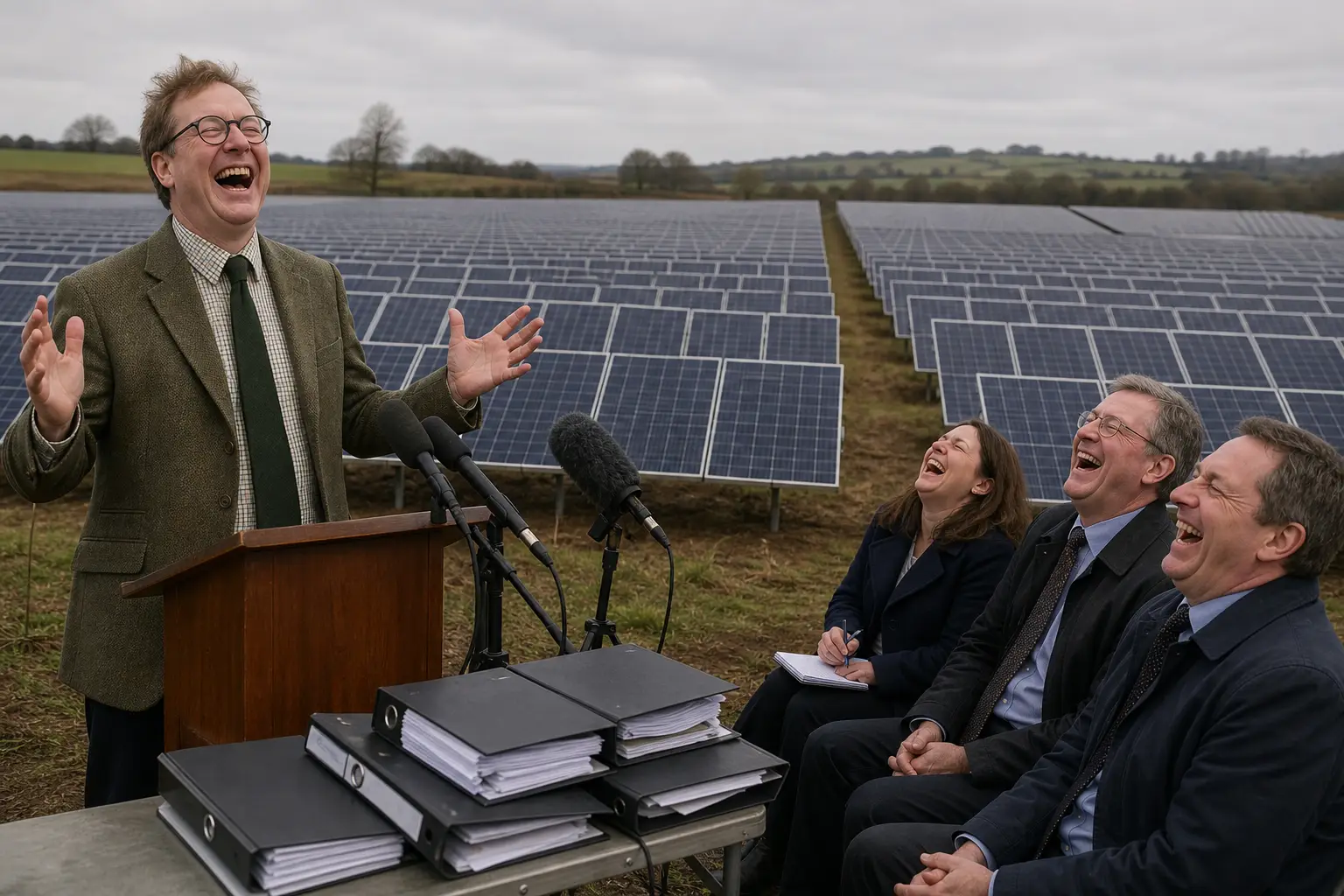Staged satirical illustration for Solar Farm Wins Permission To Make Energy Security Look Like A Field