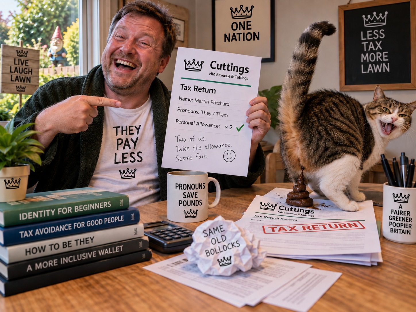 Satirical illustration of a laughing man claiming two personal tax allowances as a cat soils a tax return, with The Lawn crown on the props.