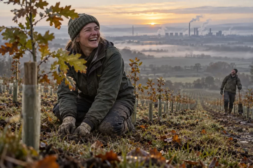 Two laughing woodland planners at fictional third new national forest 2026 planting scene