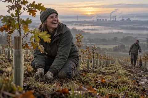 Two laughing woodland planners at fictional third new national forest 2026 planting scene