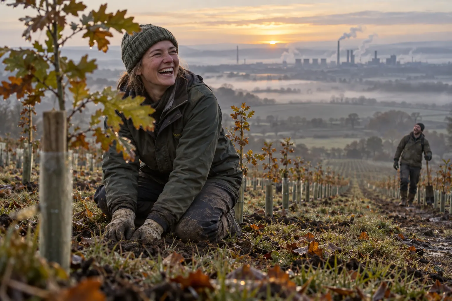 Two laughing woodland planners at fictional third new national forest 2026 planting scene