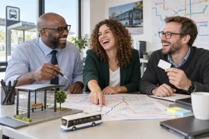 Three clearly laughing fictional adult planners discuss a three pound bus fare cap beside a generic route map.