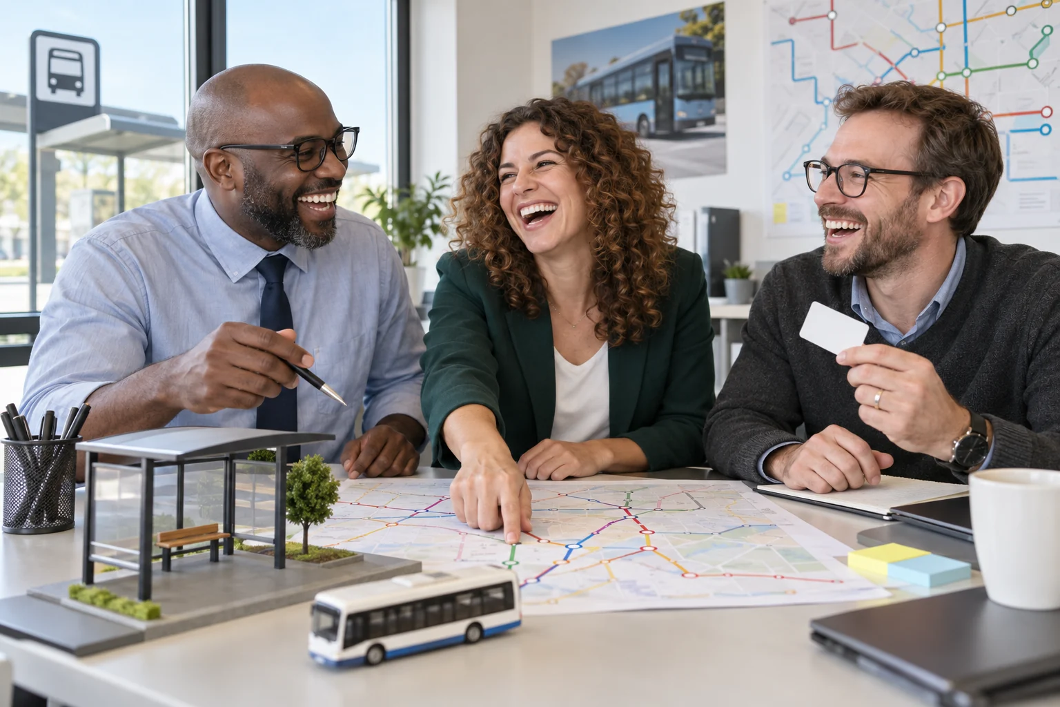 Three clearly laughing fictional adult planners discuss a three pound bus fare cap beside a generic route map.