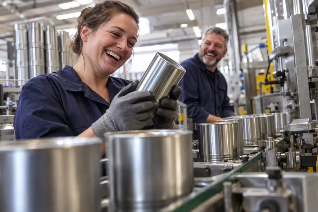Laughing factory workers handling unbranded steel food cans in a British workshop