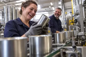 Laughing factory workers handling unbranded steel food cans in a British workshop