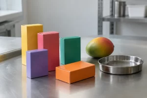 Unmarked brightly coloured cartons sit beside a mango and a steel dish in a public health workspace.