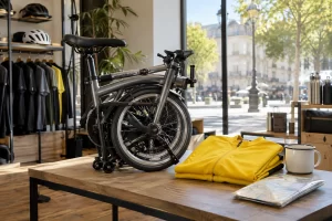 A folding bicycle, yellow jersey, mug and map sit in an unbranded cycling shop.