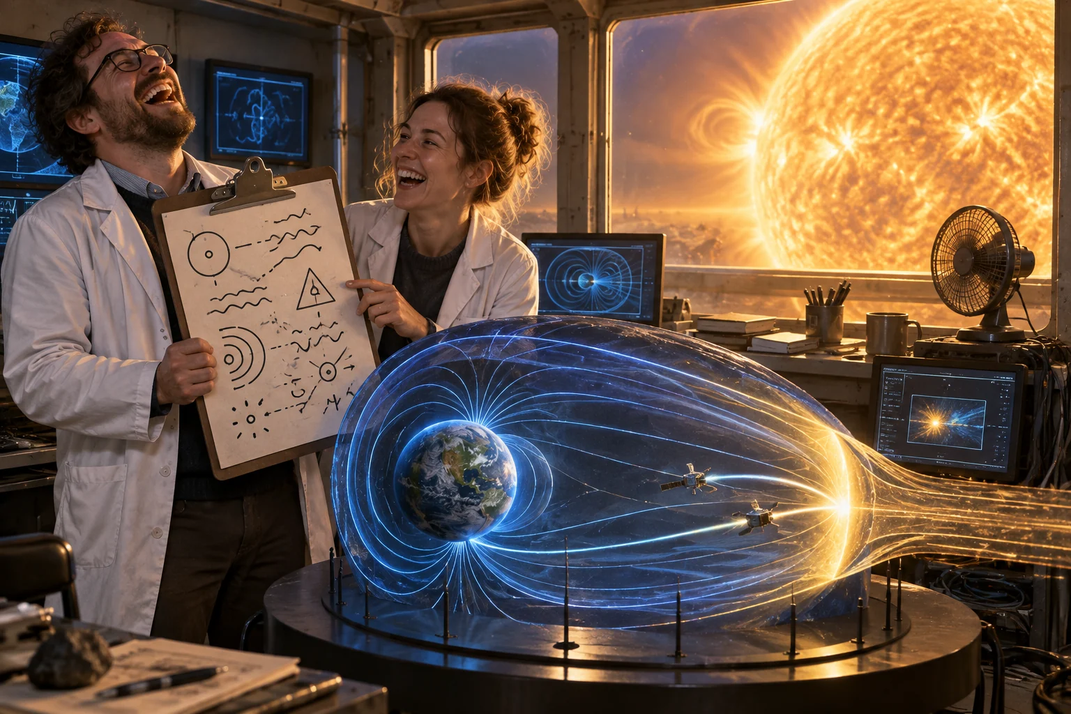 Two fictional space scientists laugh beside a model of Earth magnetic field while tracking small spacecraft toward a bright Sun.