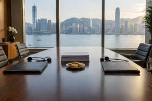 An empty international trade meeting table has folders, translation headsets, briefing papers and a plate of biscuits.