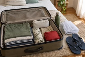 An open suitcase holds orderly travel essentials with a water bottle a toiletry pouch and simple flip flops.