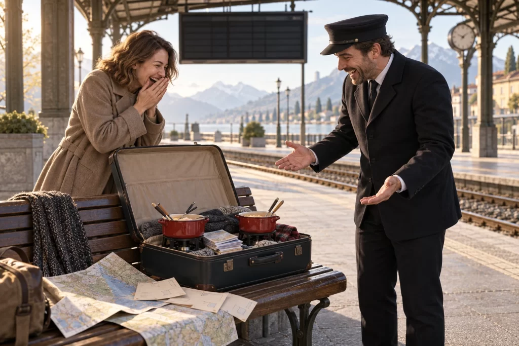 Two fictional adults laugh beside an open suitcase containing fondue pots at an unbranded railway platform.