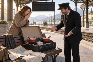 Two fictional adults laugh beside an open suitcase containing fondue pots at an unbranded railway platform.