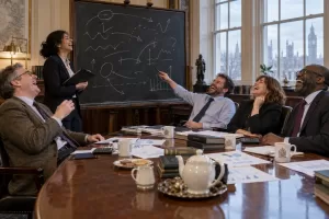 Five laughing adult economists review charts and calculators around a Treasury-style meeting table.