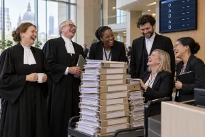 Five laughing adult court visitors and staff in a bright tribunal centre lobby.