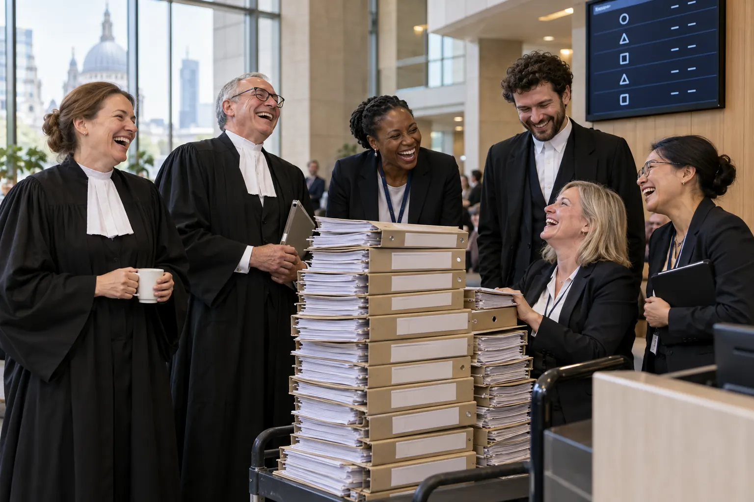 Five laughing adult court visitors and staff in a bright tribunal centre lobby.