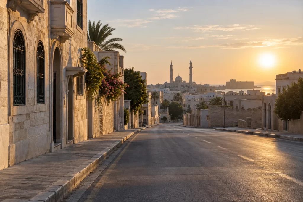A quiet Tripoli street leads toward a mosque silhouette in warm early morning light.