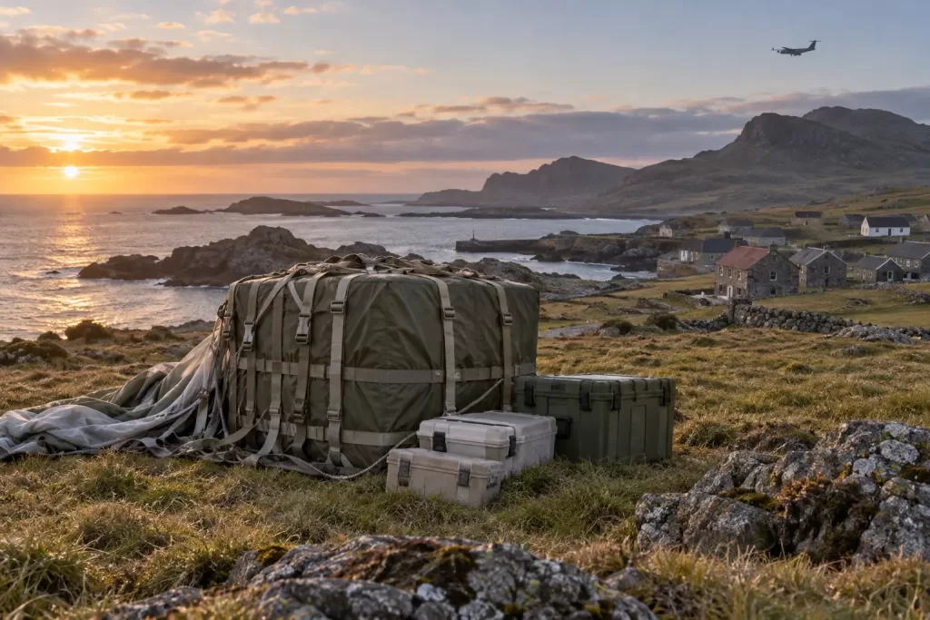 Remote fictional Tristan da Cunha medical support drop 2026 cargo scene with no people visible