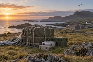 Remote fictional Tristan da Cunha medical support drop 2026 cargo scene with no people visible