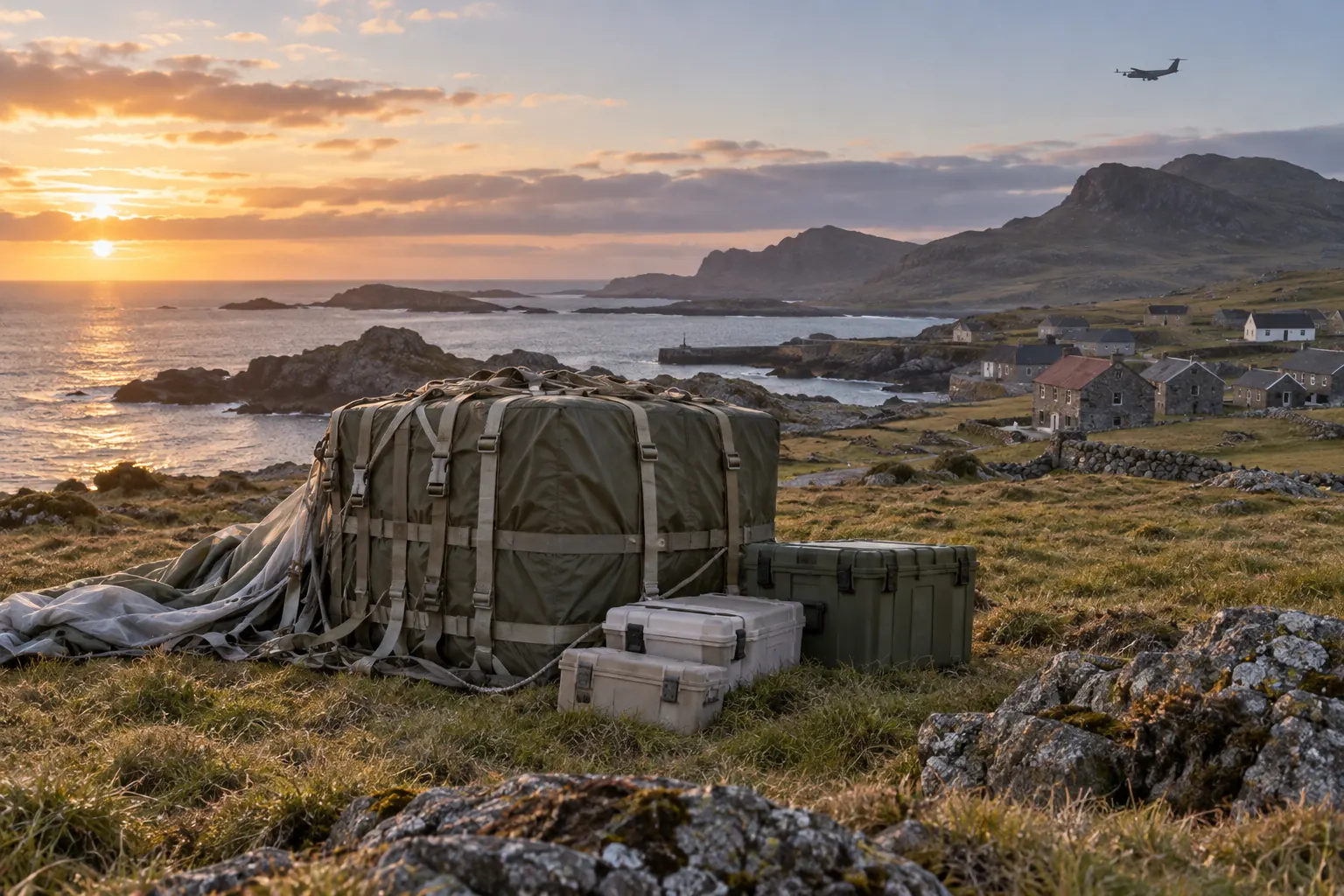 Remote fictional Tristan da Cunha medical support drop 2026 cargo scene with no people visible