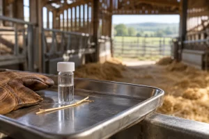 An unmarked veterinary sample vial, steel tray and leather farm glove rest inside a quiet livestock barn.