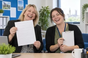 Two laughing advisers as disabled claimants try work