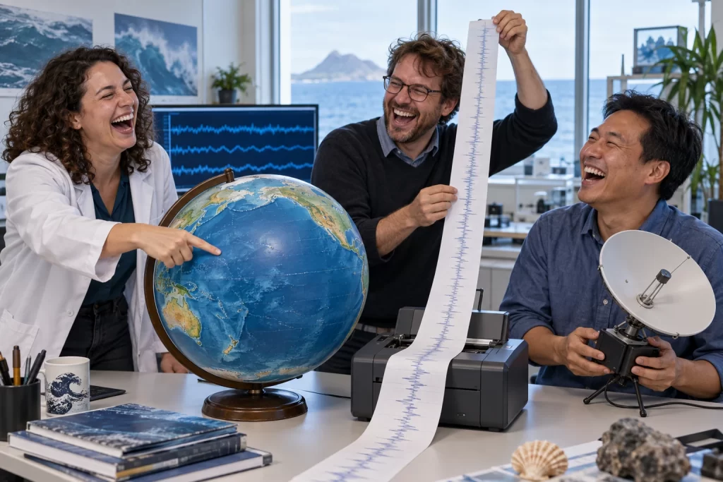 Three laughing scientists examine a Pacific globe and a long printed waveform beside a small satellite dish.