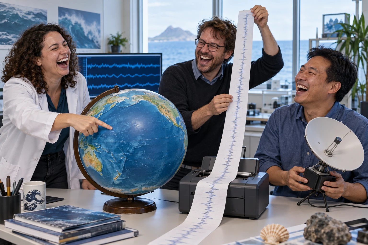 Three laughing scientists examine a Pacific globe and a long printed waveform beside a small satellite dish.