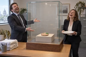 Two laughing business analysts present a small wooden pie chart with a green segment inside an oversized glass display case.