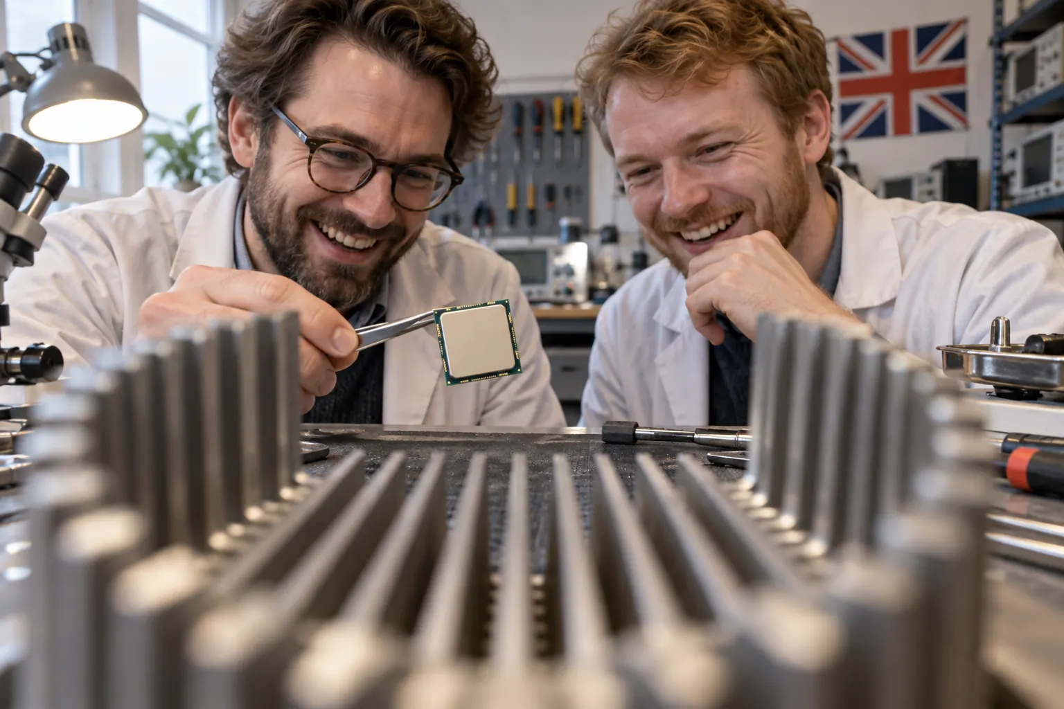 Laughing engineer with silicon wafer in fictional UK AI Hardware Plan 2026 editorial photograph