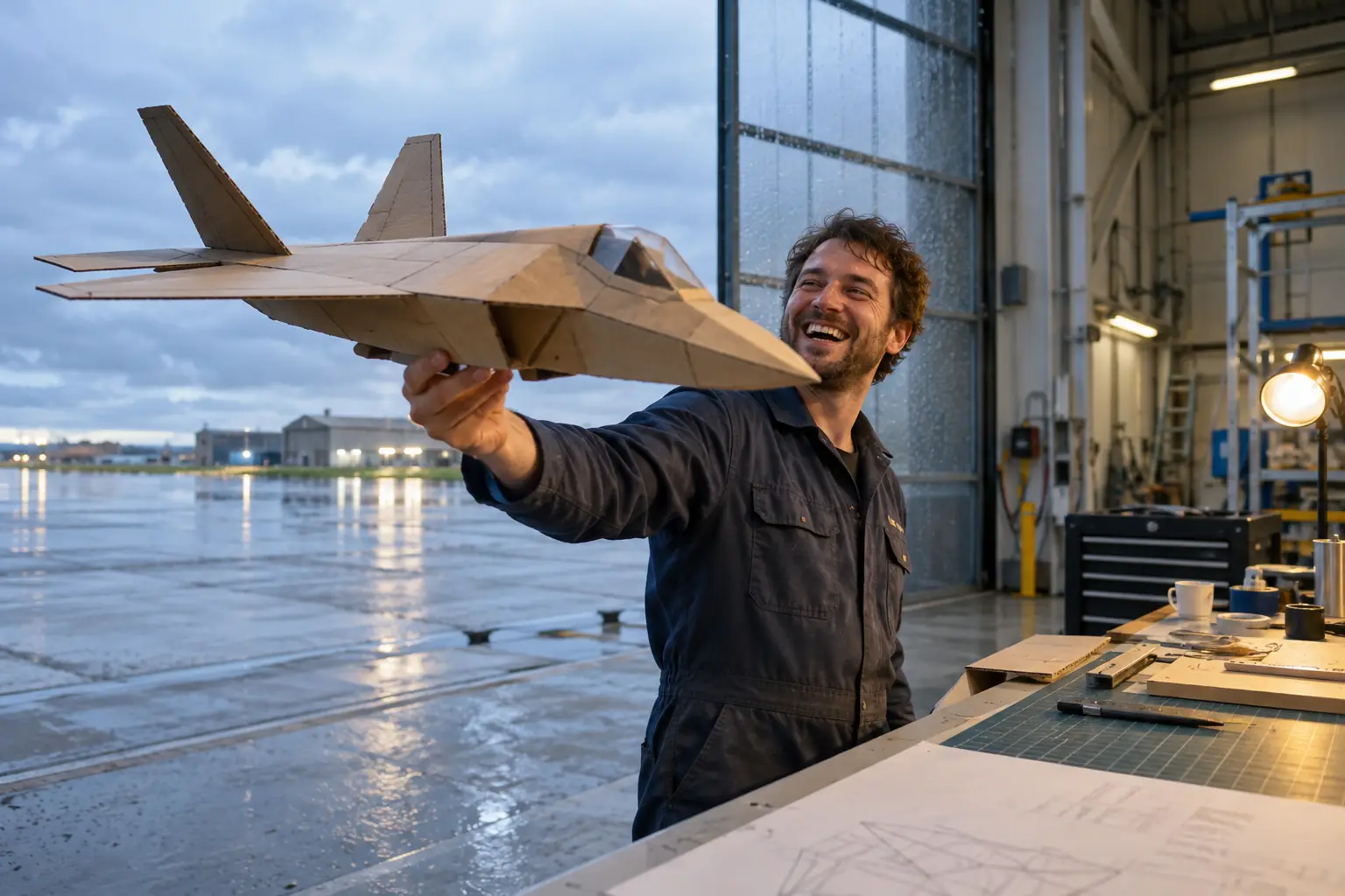 Original editorial photograph of a laughing aerospace engineer holding an unbranded cardboard jet prototype in a rainy hangar for UK air combat technology