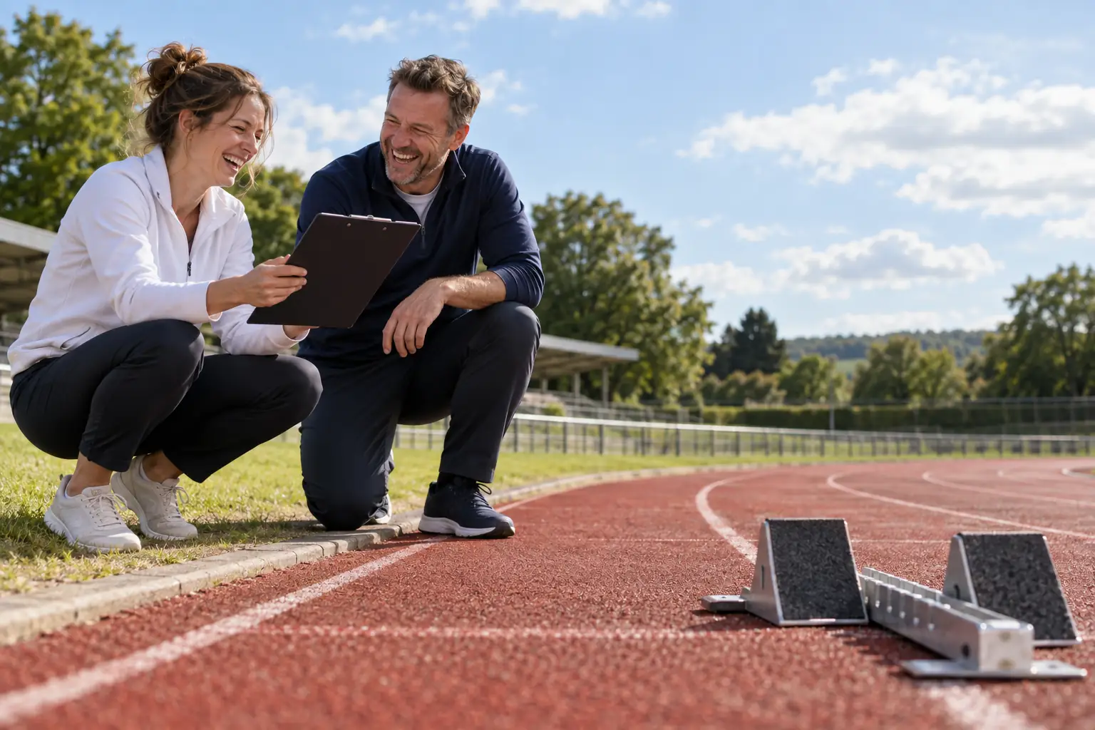 Original editorial photograph of two laughing adults holding a blank clipboard beside a running track for UK Anti-Doping Board appointments