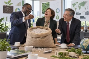 Three fictional international officials laugh around a giant sack of fertiliser pellets in a bright conference room with sustainability charts.
