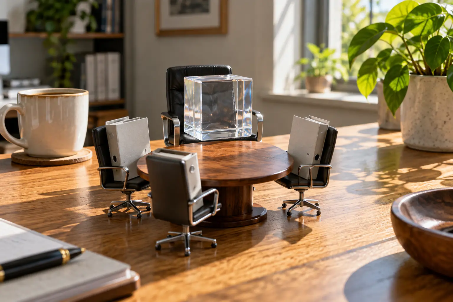Transparent data cube in a tiny boardroom for fictional UK Business Data Survey 2026 editorial photograph