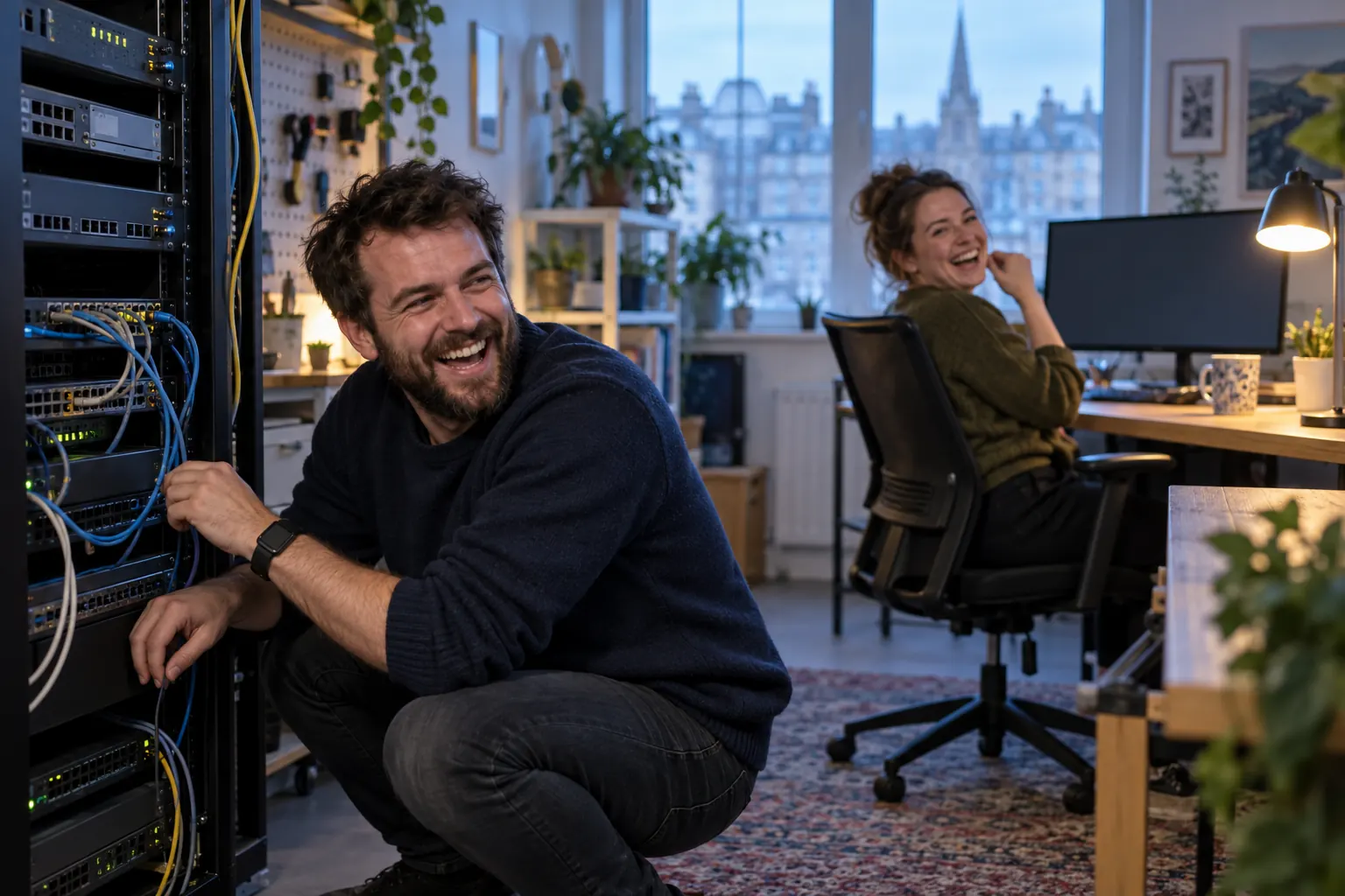 Two laughing IT staff at fictional UK Cyber Resilience Pledge 2026 studio